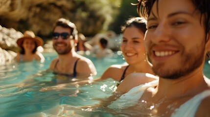 Fototapeta premium A group of cheerful friends enjoying a sunny day by relaxing in natural hot springs surrounded by lush greenery, smiling and soaking in the warm waters.
