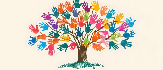 Colorful handprint tree symbolizing unity and diversity.