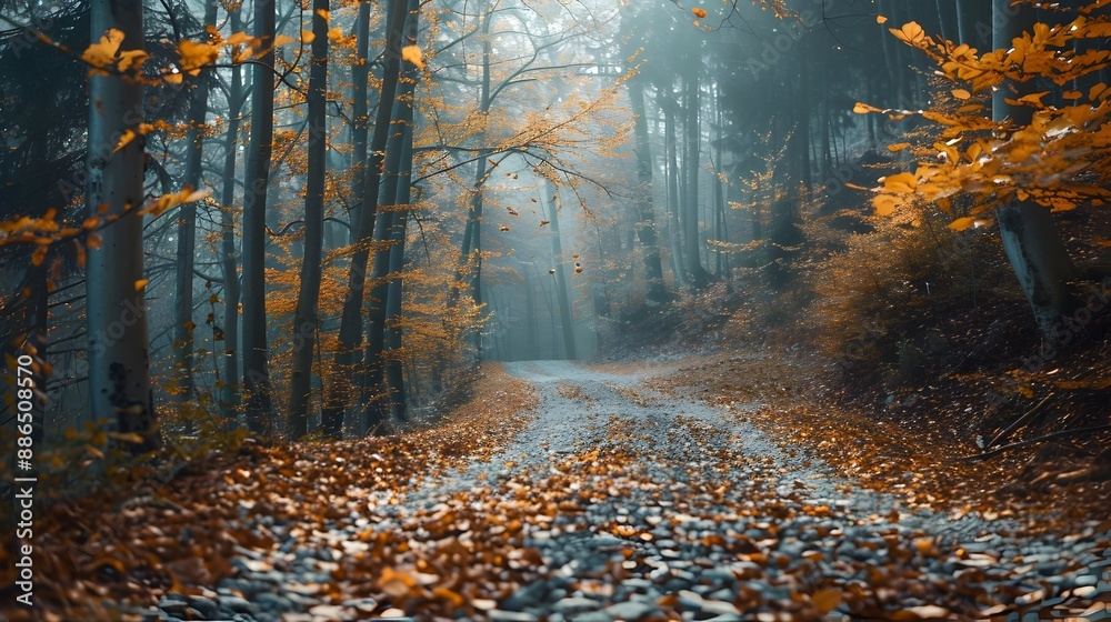 Canvas Prints Serene Forest Path with Autumn Foliage and Scenic Mountain Landscape