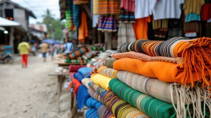 Vibrant striped textiles in various colors neatly displayed at an outdoor market stall, highlighting the diversity and richness of traditional fabric designs and craftsmanship.