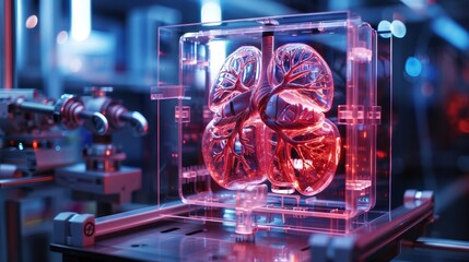 Futuristic bioengineered artificial heart model displayed in modern laboratory setting with high-tech equipment and vibrant lighting.