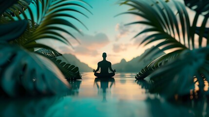 Silhouette of a person meditating in lotus pose, surrounded by lush tropical foliage at sunset.  The person's reflection is visible in the water.  Peaceful and serene.