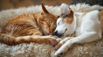 Cat and dog spooning each other while sleeping on a soft rug