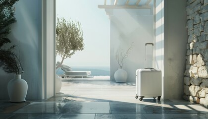 White Suitcase Inside a Bright, Modern Villa With a View of the Ocean