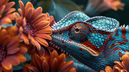 Chameleon and flower captured in a macro shot, showcasing intricate details and natural beauty