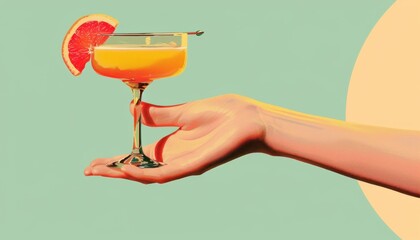 Hand Offering a Cocktail With a Grapefruit Garnish on a Green and Yellow Background