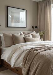 Contemporary Bedroom A sleek bedroom with a platform bed, neutral color palette, and floor-to-ceiling windows. Add a modern art piece above the bed and a minimalist nightstand.