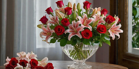 A bouquet of red roses and pink lilies in a crystal vase. The flowers smell sweet and romantic, filling the room with warmth. Each petal glistens with a hint of dew, symbolisying love and tenderness.