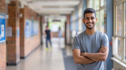 Obraz premium Confident South Asian Male Student Standing in University Hallway, Smiling, Arms Crossed Education, Diversity, Higher Learning