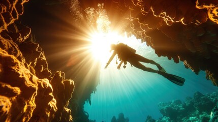 Fototapeta premium A scuba diver is pictured exploring an underwater coral reef bath in sunlight streaming down from the surface, creating a breathtaking underwater scene.