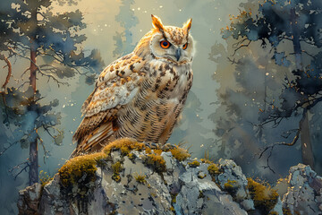 A peaceful watercolor illustration of a wise owl perched on a mossy tree branch at twilight, with a soft, misty forest background enhancing its mysterious aura
