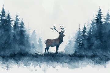 A majestic stag standing in a misty forest, painted with delicate watercolor layers, in the style of watercolor illustration, on a clean white background