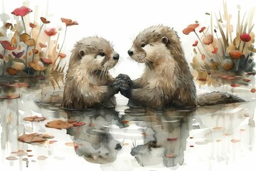 A playful watercolor depiction of otters holding hands while floating on a tranquil river, in the style of watercolor art, white background
