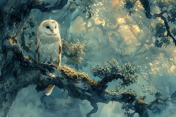A peaceful watercolor illustration of a wise owl perched on a mossy tree branch at twilight, with a soft, misty forest background enhancing its mysterious aura