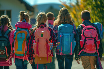 Cheerful elementary students with colorful backpacks walk happily on a sunny autumn day, chatting and laughing while heading to school