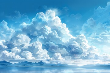 A serene watercolor illustration of a pair of fluffy clouds drifting lazily in a clear blue sky, casting soft shadows on a plain white field below