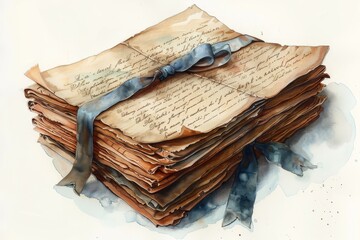 A serene watercolor illustration of a stack of old-fashioned love letters, tied with a satin ribbon, on a clean white background