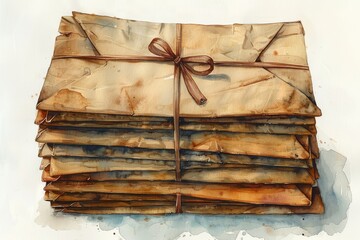 A serene watercolor illustration of a stack of old-fashioned love letters, tied with a satin ribbon, on a clean white background