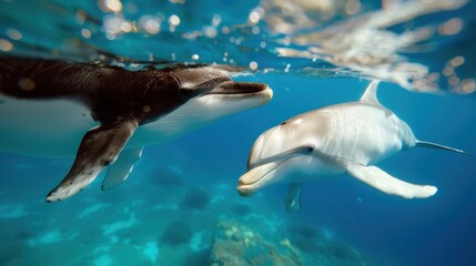 Fototapeta premium A pair of dolphins swim joyfully through crystal-clear waters, showcasing the playful nature and freedom of these marine creatures in their natural, serene environment.