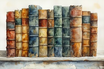A serene watercolor illustration of a stack of vintage books, with worn leather covers and yellowed pages, arranged neatly on a plain white bookshelf