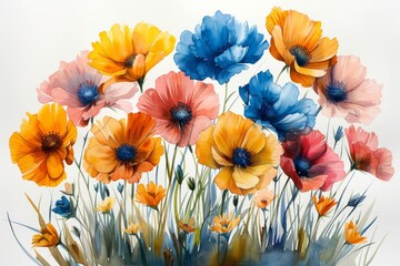 A vibrant watercolor illustration of a bouquet of fresh wildflowers, with each flower delicately painted in rich hues against a pristine white background