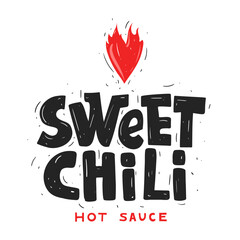 Sweet Chili. Spicy hot sauce. Badge, illustration of hot fire heart. Vector file