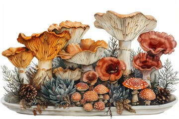 A whimsical watercolor illustration of a cluster of wild mushrooms, with various shapes and earthy tones, arranged neatly on a white porcelain plate