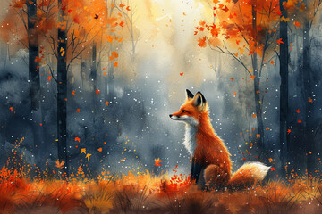 A whimsical watercolor illustration of a curious fox exploring a magical forest filled with vibrant autumn colors and scattered sunbeams