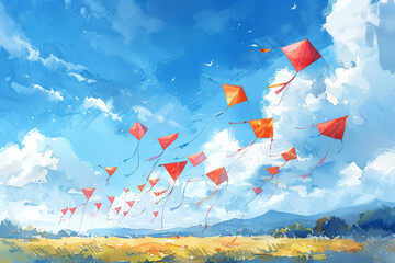 A whimsical watercolor illustration of a collection of colorful kites, soaring high against a clear blue sky, with their tails trailing elegantly on a clean white surface