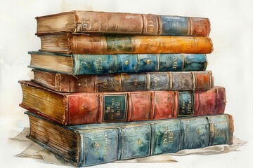 whimsical watercolor illustration of a stack of old books, with worn covers and pages slightly fanned out, creating a nostalgic and cozy atmosphere against a clean white backdrop
