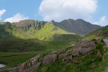 Naklejka premium Looking towards the peaks of Lliwedd Bach and Y Lliwedd, in the Snowdonia mountain range, North Wales.