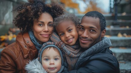 Happy family of four posing together in autumn park, smiling and enjoying quality time, showcasing bond and affection.