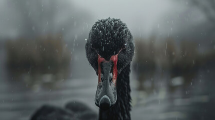 Close-up of a black swan's head and neck with soft background blur