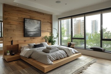 Fototapeta premium Contemporary Bedroom A sleek bedroom with a platform bed, neutral color palette, and floor-to-ceiling windows. Add a modern art piece above the bed and a minimalist nightstand.