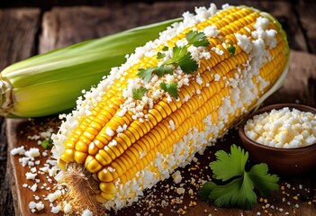 sprinkling crumbled cotija cheese elote corn cob, kernels, yellow, vegetable, fresh, produce, summer, grilled, outdoor, market, stall, food, mexican