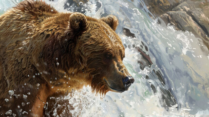 Obraz premium Close-up of a brown bear (Ursus arctos) standing by a river, looking for fish