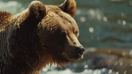 Fototapeta premium Close-up of a brown bear (Ursus arctos) standing by a river, looking for fish