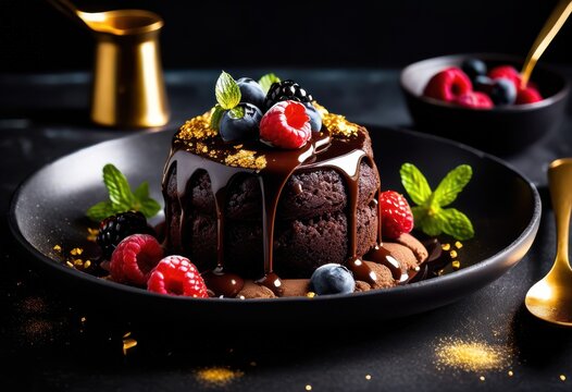 decadent molten chocolate cake served ice cream, dessert, sweet, delicious, rich, indulgent, creamy, scoop, vanilla, frozen, treat, temptation, warm, gooey