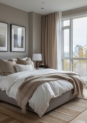 Contemporary Bedroom A sleek bedroom with a platform bed, neutral color palette, and floor-to-ceiling windows. Add a modern art piece above the bed and a minimalist nightstand.