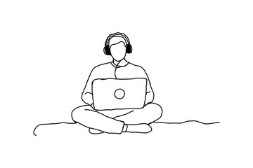 hand-drawn line art businessman work on laptop