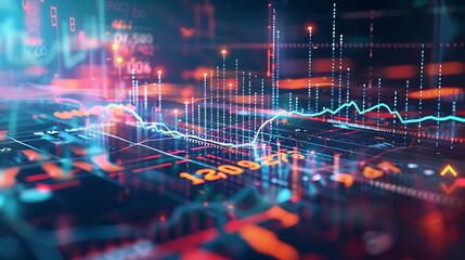 Abstract digital financial graph displaying upward trends and bullish market indicators, surrounded by futuristic digital elements, representing robust stock market growth and financial prosperity.