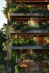 Fototapeta premium Multi storey living building with green gardens in the balconies Generative Ai