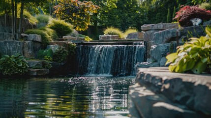 Naklejka premium A panoramic shot of a modern garden with an elegant waterfall feature as the focal point, providing wide copy space on both sides for branding or text