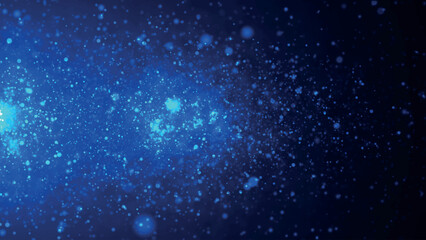 A dynamic wave of luminous particles flying horizontally. Sparkling bright particles fly in space. Shimmering particles with bokeh effect. 3D Vector illustration.