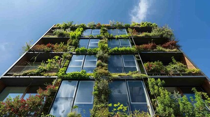 Modern apartment building with vertical garden and green facade, symbolizing eco-friendly architecture and sustainable living in urban environment.