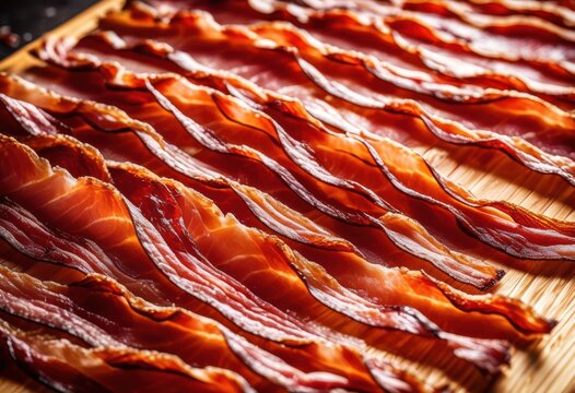 crispy bacon strips arranged wavy pattern food presentation background, pork, meat, fried, breakfast, meal, snack, gourmet, appetizing, culinary, texture, arrangement