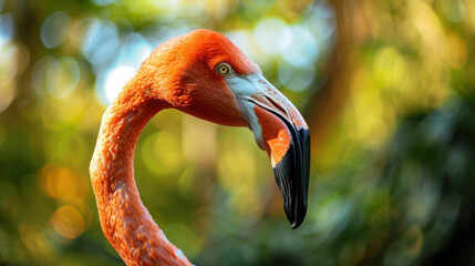 Close-up of a pink flamingo's beak and eye with water droplets glistening in the African sun