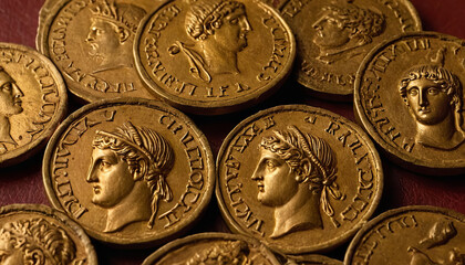 A close-up view of ancient Roman gold coins, featuring portraits of emperors and inscriptions. The coins are arranged on a red-brown surface, showcasing their intricate details