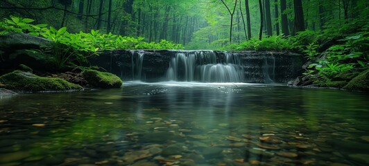 quiet nature landscape small creek flow in green forest with sunlit sun flare effect	
