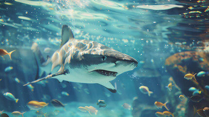 Obraz premium Close-up of a shark and small fishes in a crystal-clear ocean setting